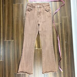 CiderSz S Brown Flare Denim Jeans High Waist Fall Belt Loop Pockets Frayed Hem